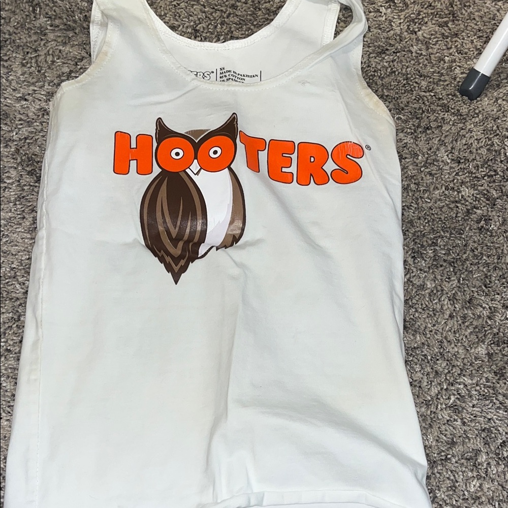 Hooters White Tank with Orange Logo and Brown Owl Graphic